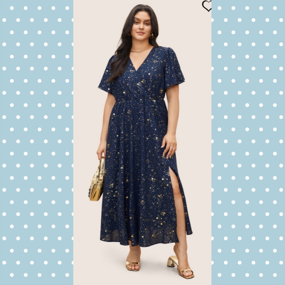 Dark Blue Star Button Pocket Faux Wrap Split Ruffles Maxi Dress